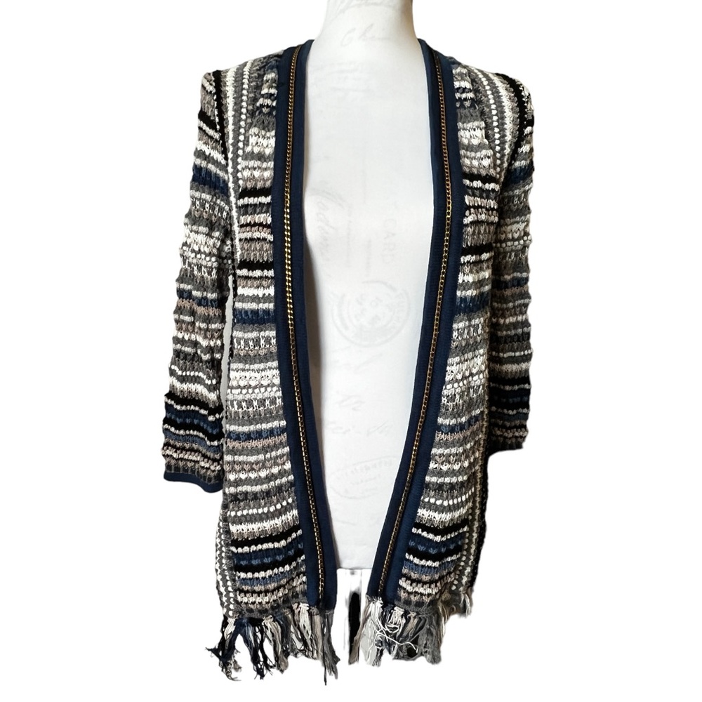 Peck & Peck Tribal Crochet Knit Fringe Open Cardigan Sweater Gold Chain Trim‎